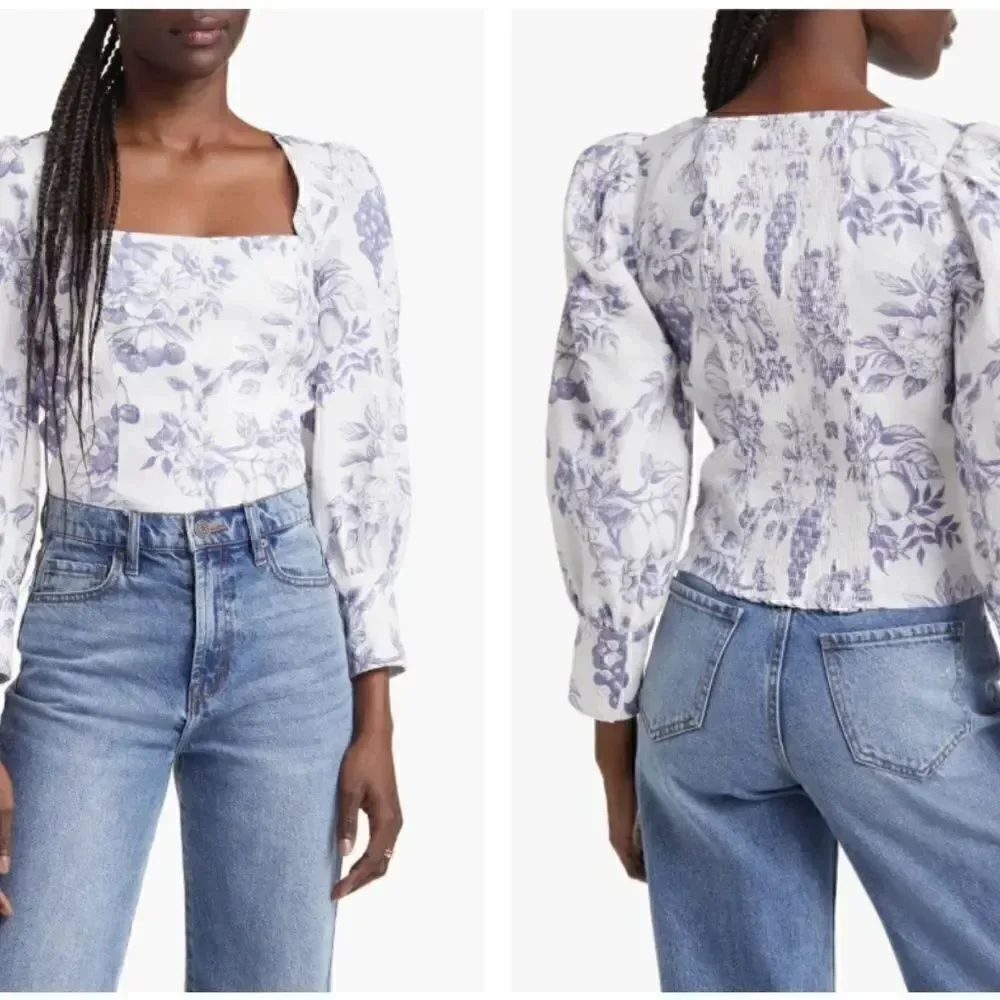 REFORMATION Linen Floral Stilton Puff Sleeve Top Carla XS Size 0 Worn Once